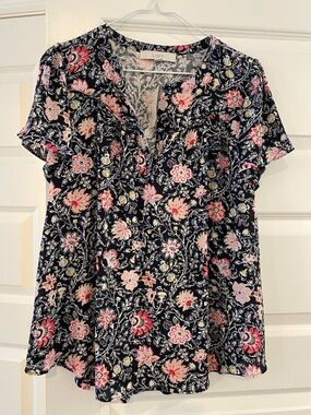 LOFT Black Floral V-Neck Short Sleeve Blouse with Pink Accents